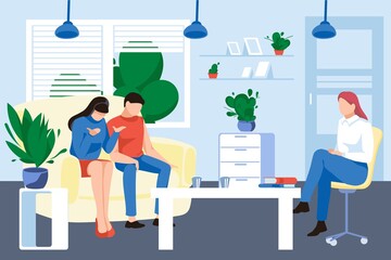 Family couple talking with psychologist. Spouses having psychotherapy counseling and discussing their problems. Psychological therapy to overcome crisis in relationship cartoon vector illustration