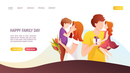 Web page design with father and mother hugging their children.Happy family day, Parenting, Childhood, relationship concept. Vector Illustration for poster, banner, website.