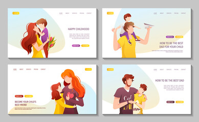 Set of web pages with father, mother and their children of different ages. Happy family day, Parenting, Childhood, relationship concept. Vector Illustration for poster, banner, website.