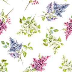 Beautiful floral spring seamless pattern with watercolor gentle lilac flowers. Stock illustration.