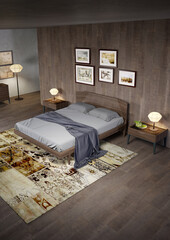 Camera da letto moderna su giardino, design minimalista, vista dall'alto, rendering 3d