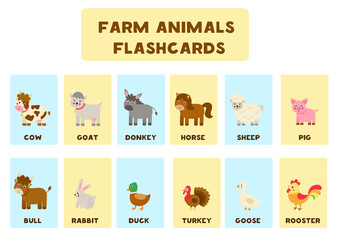 Farm animals with names. Flash cards for kids.