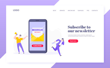 Fototapeta premium Subscribe now to our newsletter vector illustration with tiny people working with smartphone and newsletter. Email news subscription or mail marketing business flat style design landing page concept.