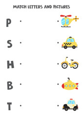 Match transport and letters. Educational logical game for kids. Vocabulary worksheet.