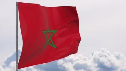 Morocco flag on pole with sky background seamless loop 3d animation