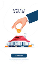 Save money for a house concept. Male hand puts the coin into house piggy bank for real property investment. Make money in Real Estate. Modern flat vector illustration for web, banner, emailing design