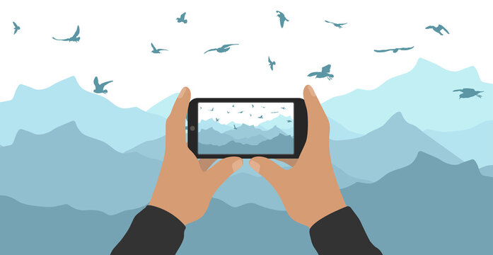 Male hands hold phone and take picture of mountain peak and flying birds. Vector illustration