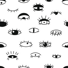 The Black and white seamless pattern consists of hand-drawn graphics. Eyes vector flat illustration, symbol of evil, magic, evil eye isolated on white background. Fabric, textiles, gifts, wallpaper