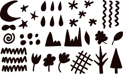 Black silhouettes of objects and natural elements. Isolated objects on white background