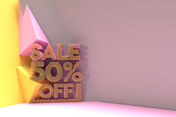 3D Render Abstract 50% Sale OFF Discount Banner 3D Illustration Design.