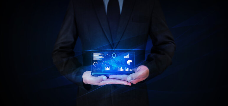 Data Analysis Concept Modern Technology Background with World map, graphs and Icons. Visual Screen Concept with Glowing Lights in blue. Holographic design concept