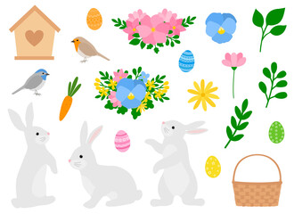 Easter Bunny vector illustration. Colorful egg birds rabbit and floral decor 