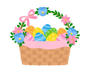 Easter basket flower decor colorful eggs vector Illustration