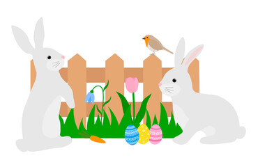 Easter Bunny vector illustration. Colorful egg birds rabbit and floral decor 