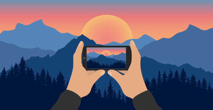 Men's hands hold phone and take picture of beautiful nature, landscape. Silhouette of forest and mountains on background of sunset. Good quality mobile phone camera. Vector illustration