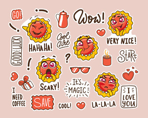 Fototapeta premium set of stickers with funny faces. funny cookies in a cartoon style with different emotions. cute heroes and funny lettering. 