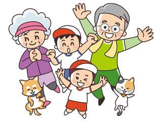 運動する家族とペット　スポーツ　祖父母　孫