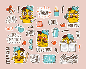 Fototapeta na wymiar set of stickers with funny faces. funny cookies in a cartoon style with different emotions. cute heroes and funny lettering. 