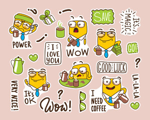 set of stickers with funny faces. funny cookies in a cartoon style with different emotions. cute heroes and funny lettering.
