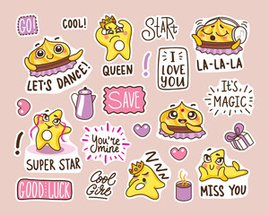 set of stickers with funny faces. funny cookies in a cartoon style with different emotions. cute heroes and funny lettering.
