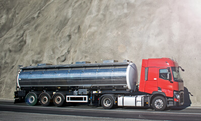 Gasoline tanker, Oil trailer, truck on highway. Fuel truck. No logo, brand.
