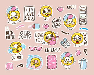Fototapeta premium set of stickers with funny faces. funny cookies in a cartoon style with different emotions. cute heroes and funny lettering. 