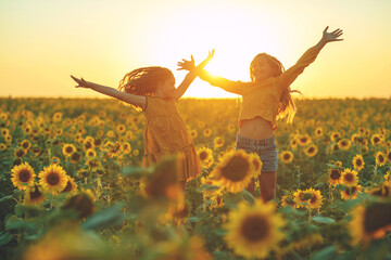 Girlfriends of the girl laugh and play sunflower. Baby girl in sunflowers. High quality photo. - 417530795