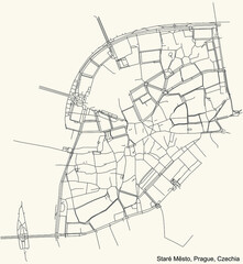 Black simple detailed street roads map on vintage beige background of the municipal district Staré Město (Old Town) cadastral area of Prague, Czech Republic