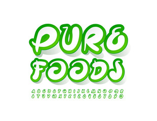 Vector modern Emblem Pure Foods. Stylish Playful Font. Sticker creative Alphabet Letters and Numbers set