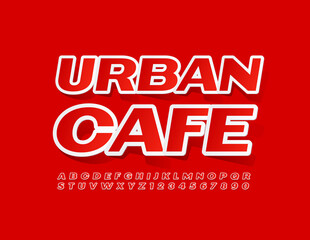 Vector trendy sign Urban Cafe. Red sticker Font. Bright Alphabet Letters and Numbers set