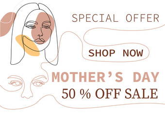 Mother's day 50 percent sale banner, flyer, coupon, invitation with one line art of woman’s.  Vector concept of sale banner. Vector for postcard, website, social media. White background