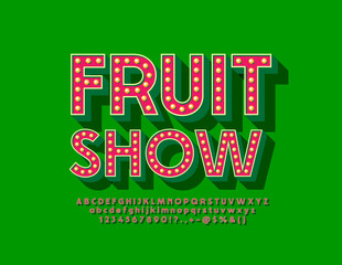 Vector creative flyer Food Show. Retro Lamp Font. Set of Lightbulb Alphabet Letters and Numbers set