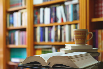 library with many books to read, arranged on shelves. Open book and cup close-up. Copy space.