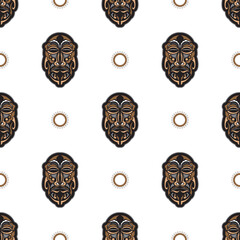 Seamless pattern with tiki mask in Maori style. Good for t-shirt prints, cups, phone cases. Isolated. Vector illustration.