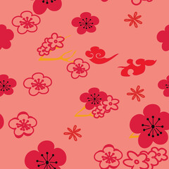 Fototapeta na wymiar Vector pastel background red pink cherry flowers blossom, seamless pattern background.