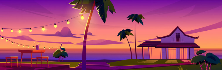 Summer tropical landscape with bungalow on ocean beach, table and chairs on terrace at sunset. Vector cartoon illustration of exotic resort vacation on sea shore with house and palm trees