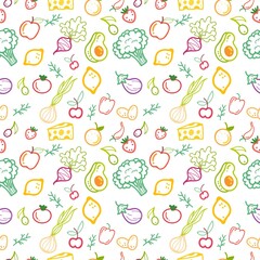 Hand drawn vegetables and fruits seamless pattern design