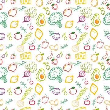 Hand drawn vegetables and fruits seamless pattern design