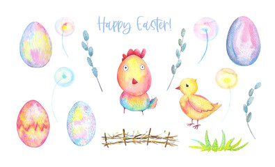 Watercolor Easter set cute chickens, cockerel, eggs and willow twigs. Spring flowers dandelions, green grass, fence. Hand-drawn illustration