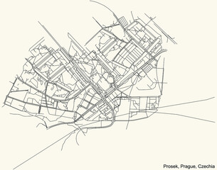 Black simple detailed street roads map on vintage beige background of the municipal district Prosek cadastral area of Prague, Czech Republic