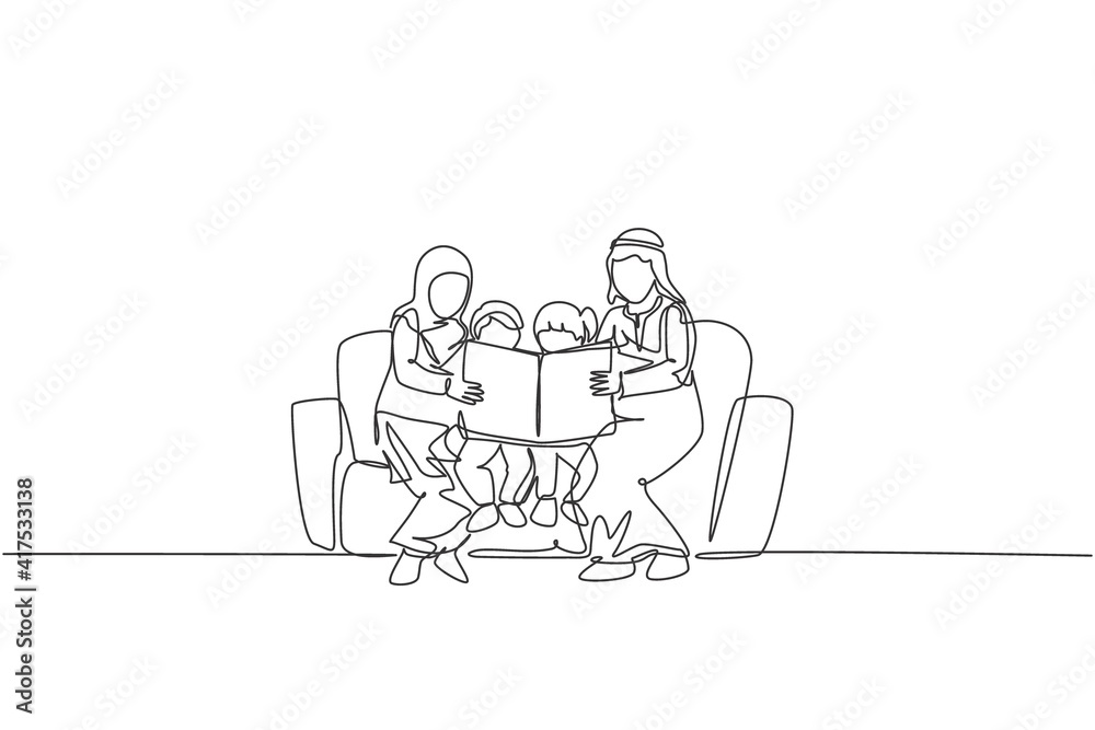 Wall mural single continuous line drawing of young arabian family sitting on sofa together reading a book. isla