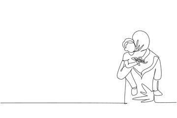 Fototapeta premium Single one line drawing of young Arabian mom carrying her sleepy boy go to the bedroom vector illustration. Happy Islamic muslim family parenting concept. Modern continuous line graphic draw design