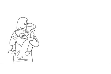 Single one line drawing of young Arabian mother holding her sleepy daughter go to bedroom vector illustration. Happy Islamic muslim family parenting concept. Modern continuous line graphic draw design