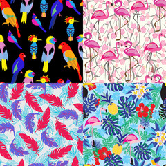 Seamless pattern, background with jungle bird flamingo, parrot, toucan and  flowers.