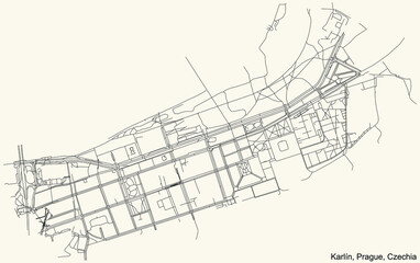 Black simple detailed street roads map on vintage beige background of the municipal district Karlín cadastral area of Prague, Czech Republic