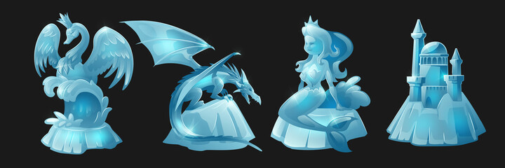 Ice sculptures, frozen icy statues of swan queen in crown, fantasy characters dragon and mermaid, medieval castle crystal figures isolated on black background, Cartoon vector illustration, icons set
