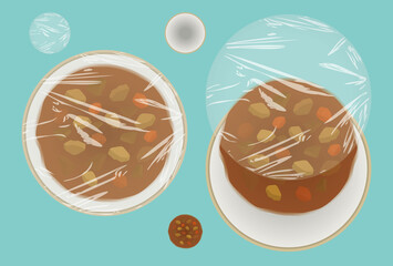 料理・残り物保存用の食品ラップ　ベクター素材