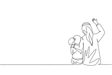 Single one line drawing young Arabian father and his daughter sitting and talk together vector illustration. Happy Islamic muslim family parenting concept. Modern continuous line graphic draw design