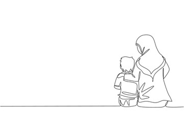 Single continuous line drawing of young Arabian mom talking and sitting together with her boy. Islamic muslim happy family parenthood concept. Trendy one line graphic draw design vector illustration