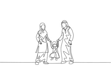 Fototapeta na wymiar Single continuous line drawing of young Islamic mom and dad playing and holding their daughter's hand, happy parenting. Arabian family care concept. Trendy one line draw design vector illustration